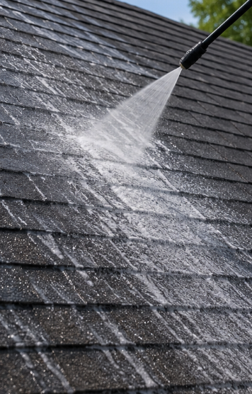 Pressure washing a dark shingle roof with water spray
