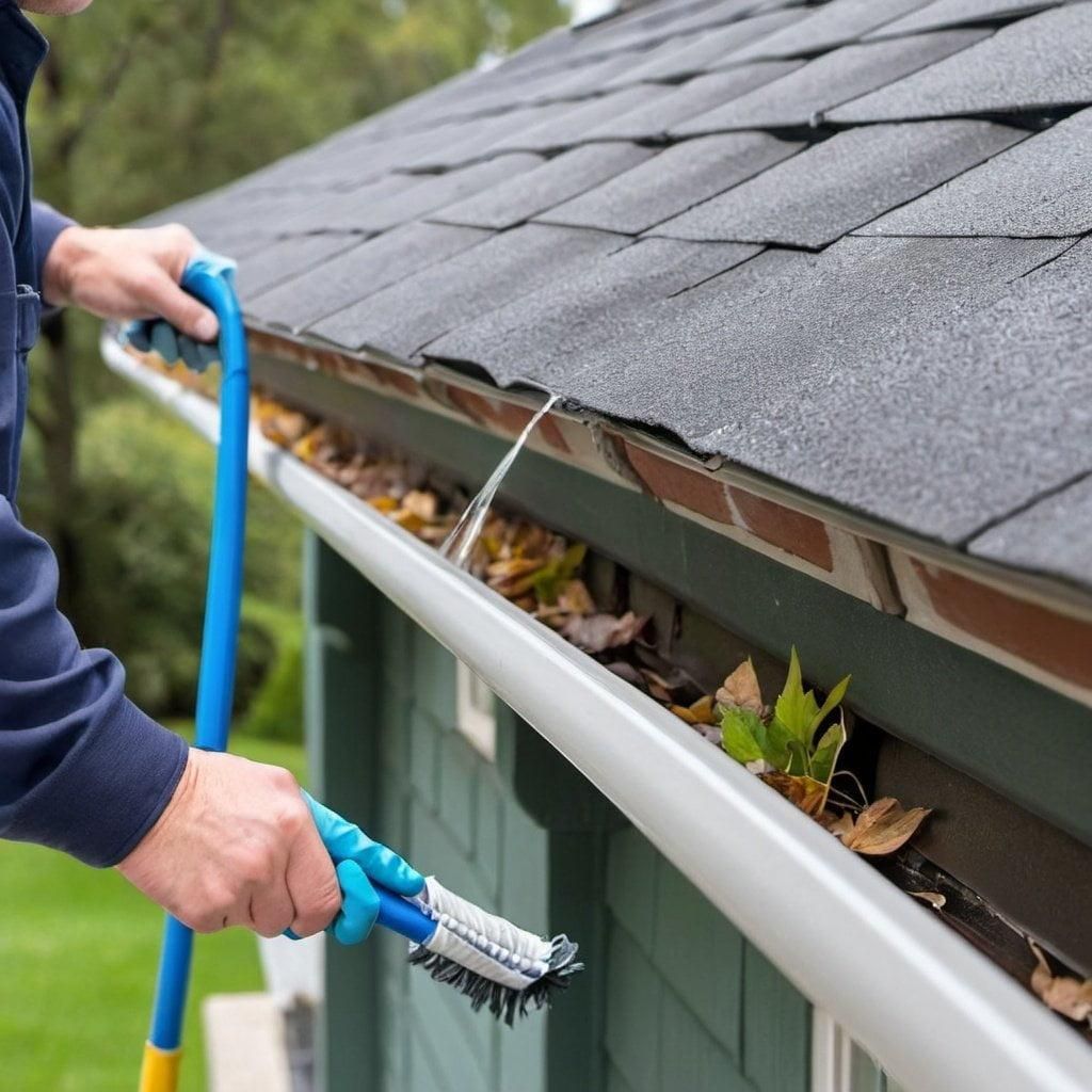 Person cleaning gutters on a house roof with a blue brush and hose