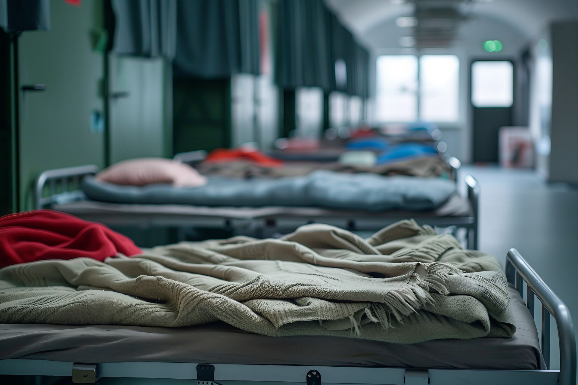 Eine Reihe von Krankenhausbetten mit Decken darauf in einem Krankenhaus.