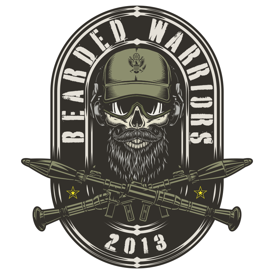 bearded warriors logo showing skull with hat, beard, and sunglasses above crossed RPGs with text in black, olive, and subdued yellow colors