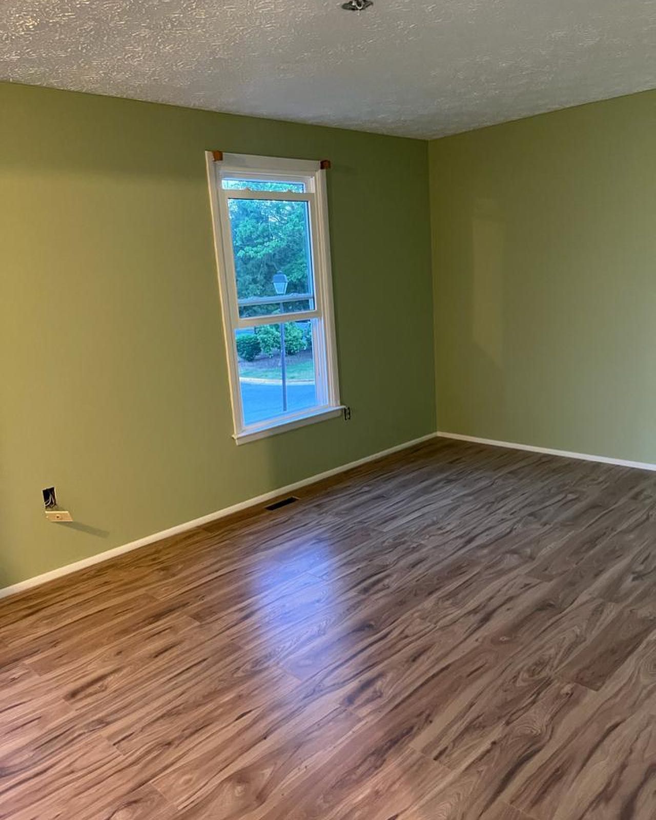 An empty living room with hardwood floors and green walls.