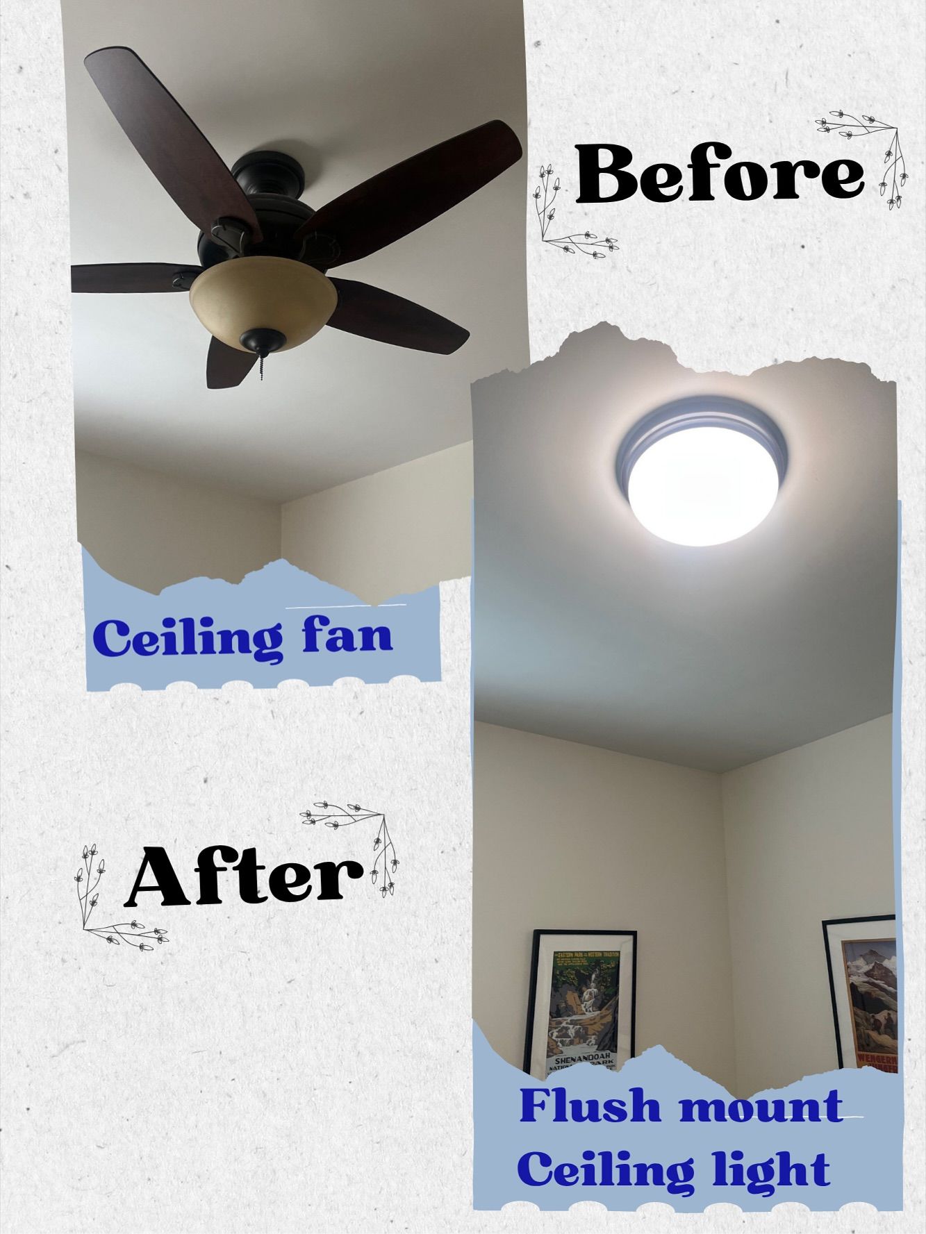 A before and after picture of a ceiling fan