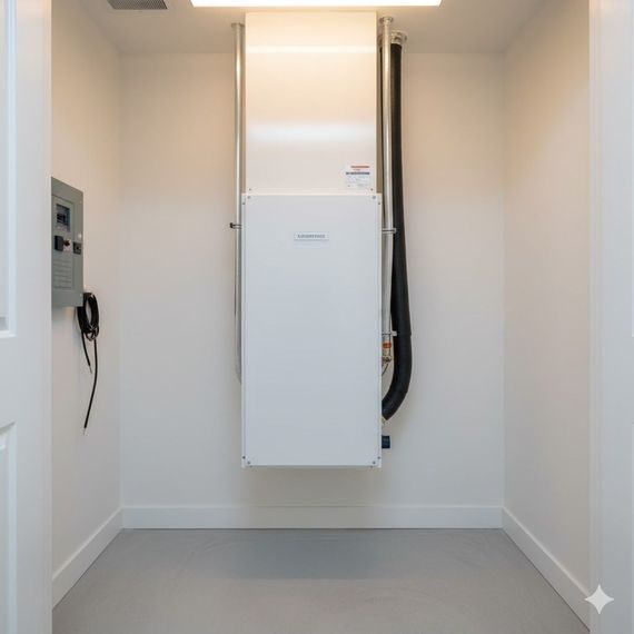 Small utility room with a large white appliance on the wall and a grey floor. A black cable is visible.