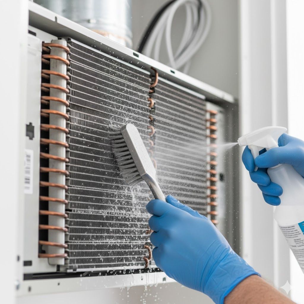 Hands in blue gloves cleaning air conditioning coils with brush and spray bottle.