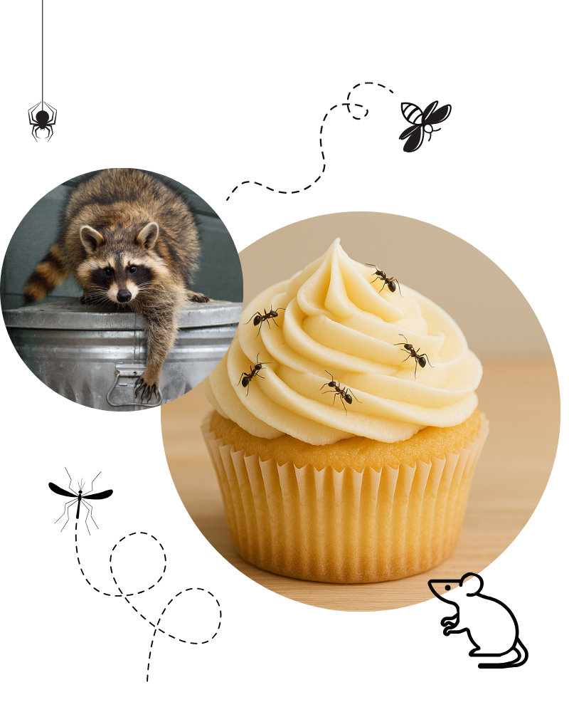 A raccoon is sitting on a trash can next to a cupcake with ants on it.