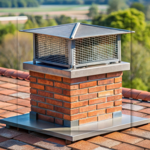 A brick chimney on top of a tiled roof