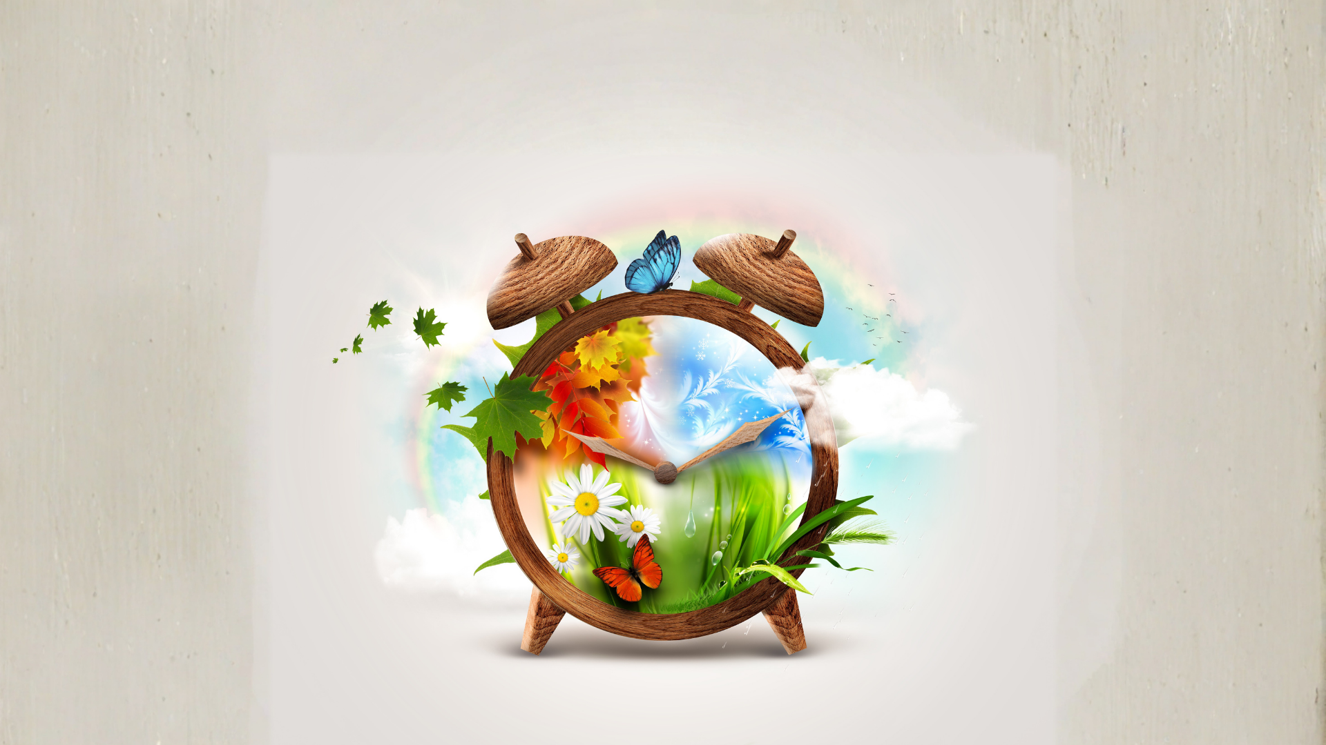 Clock representing the four seasons: spring, summer, autumn, and winter, with butterflies and a rainbow.