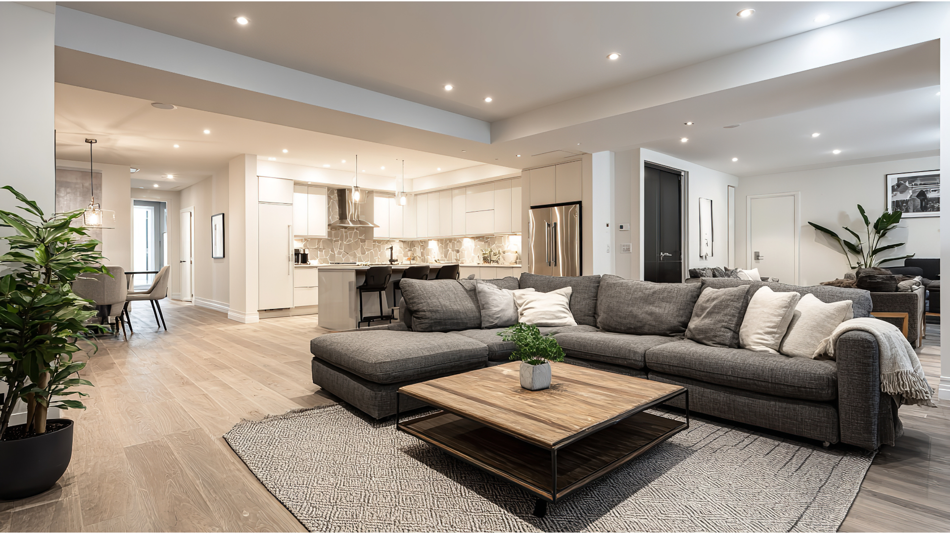 Modern living room with sectional sofa, rug, and open kitchen. Light wood floors, white walls.