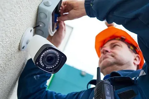 Man In Hard Hat Installing A Security Camera On A Wall — CQR Locksmiths In Moree, NSW