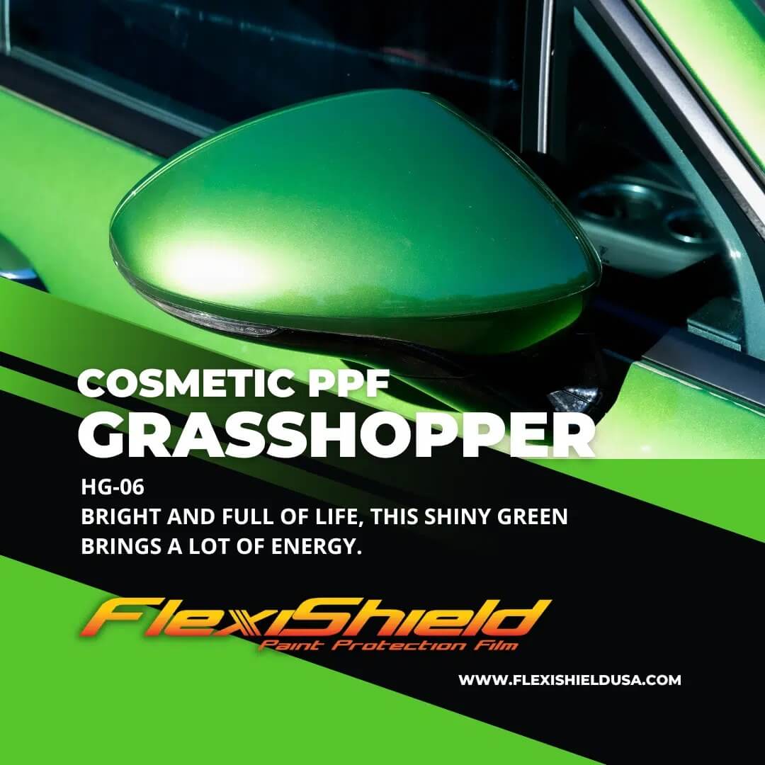 A green car with the word grasshopper on it