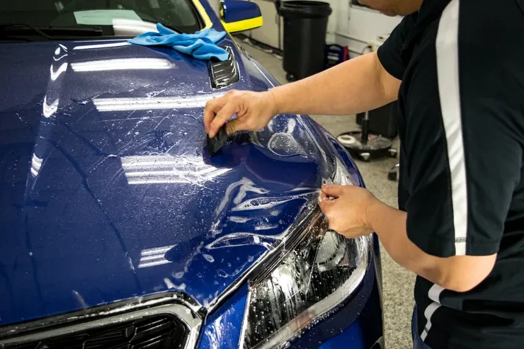 A man is applying a protective film to the hood of a blue car.