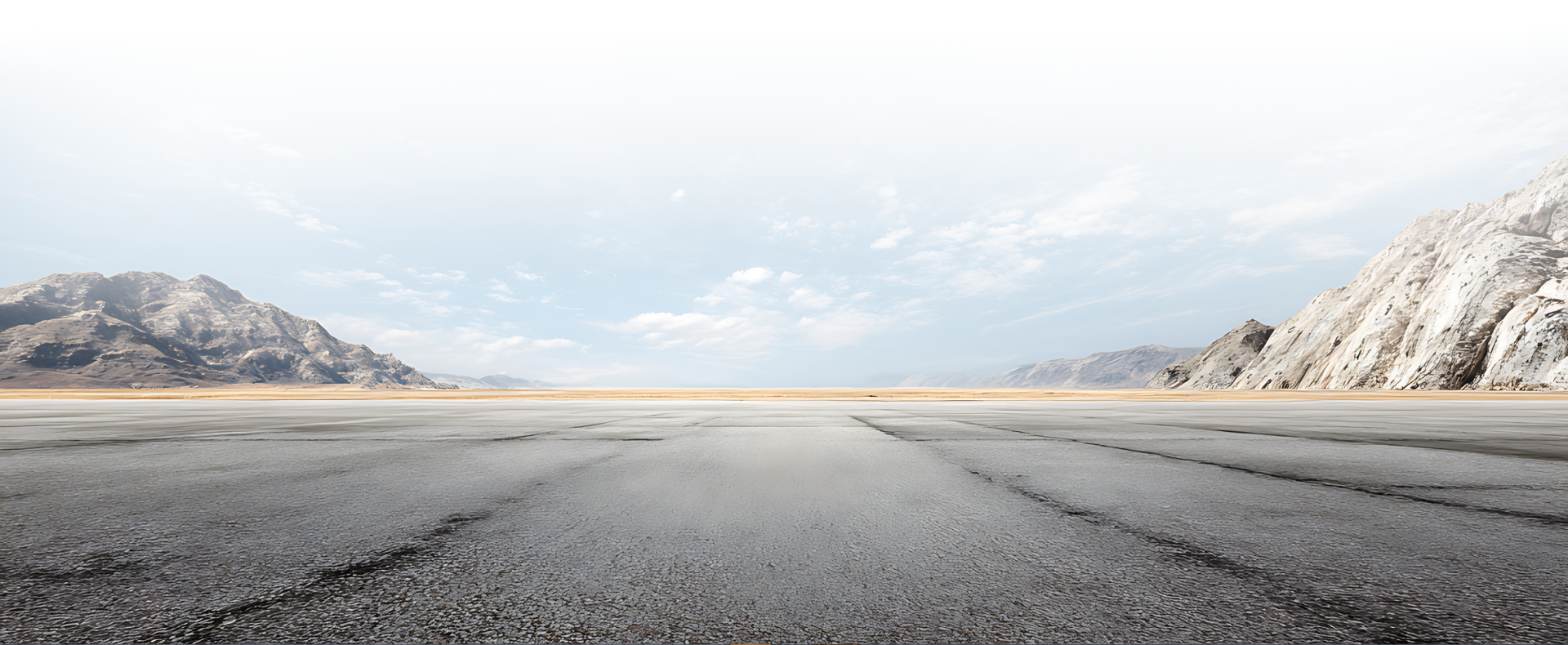 Barren landscape with cracked road stretching toward mountains under a cloudy sky.