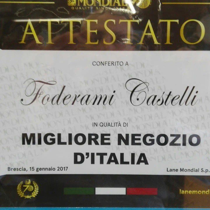 Attestato miglior negozio d'Italia Foderami Castelli