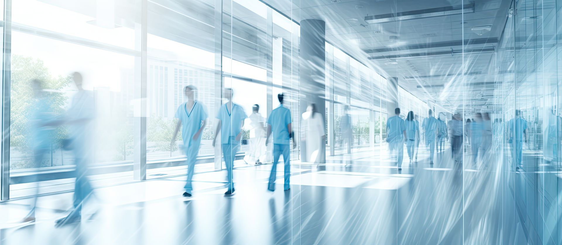 A blurry picture of doctors and nurses walking down a hospital hallway.