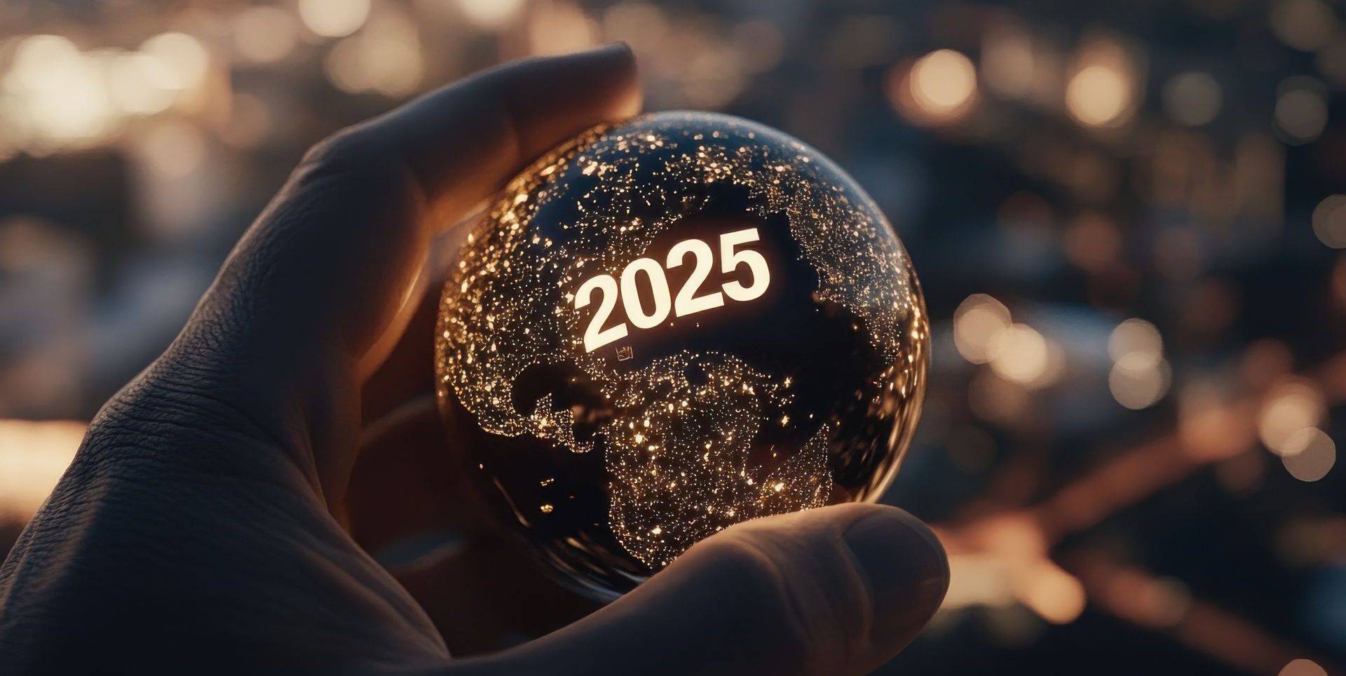 A person is holding a glass ball with the year 2025 written on it.