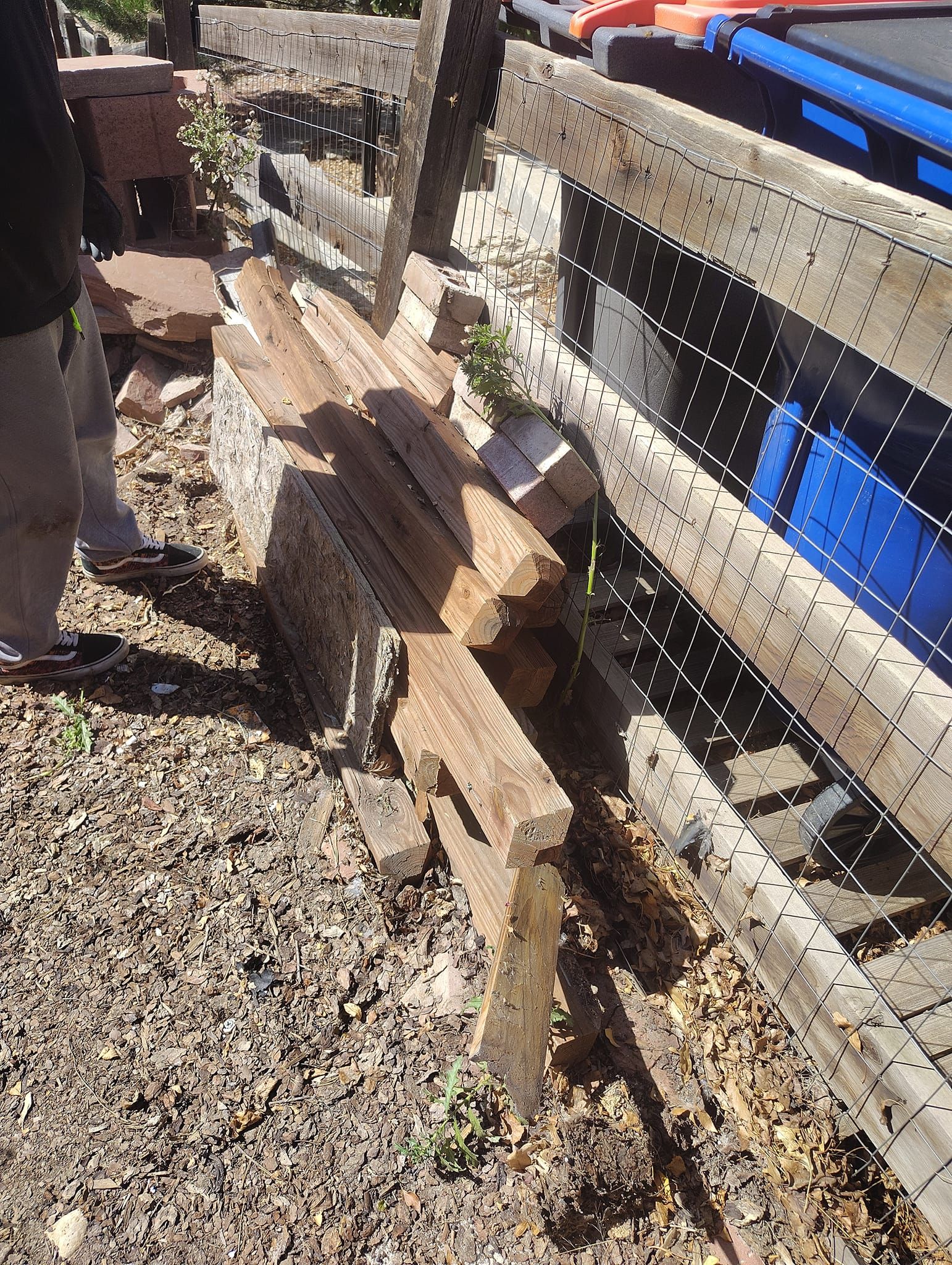 A person is standing next to a pile of wood.