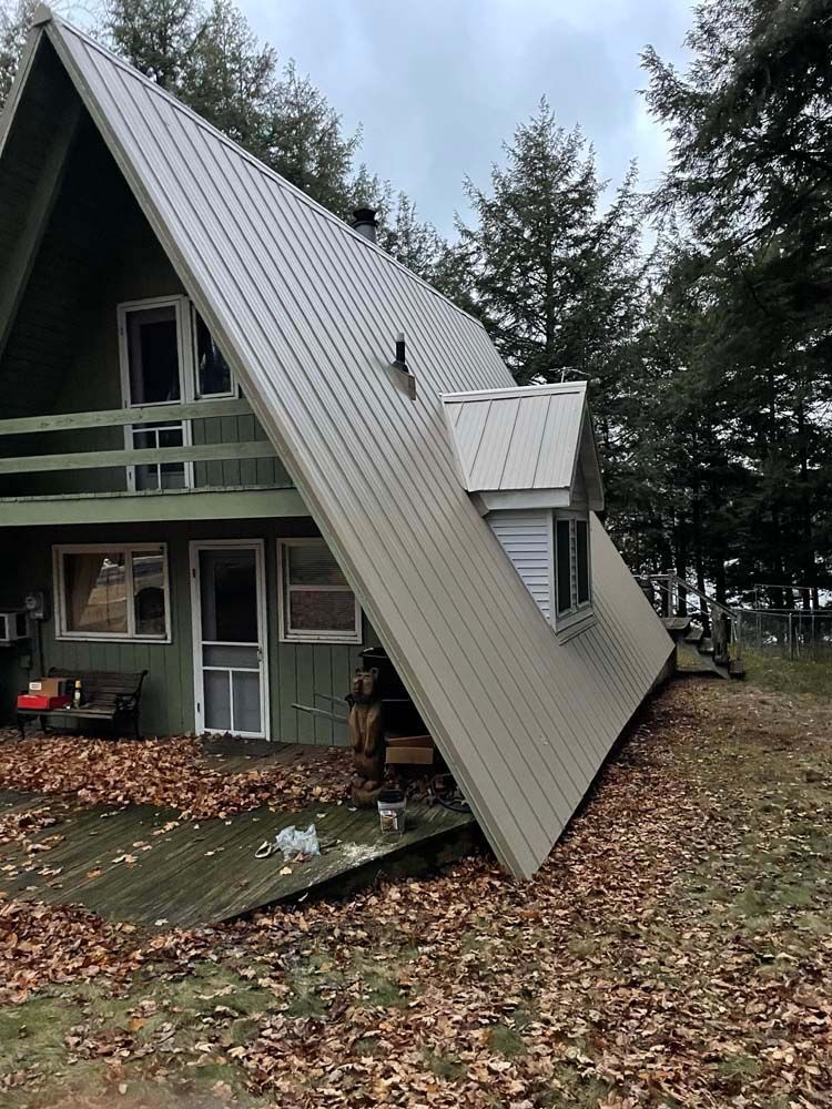 A green house with a metal roof is surrounded by trees and leaves.