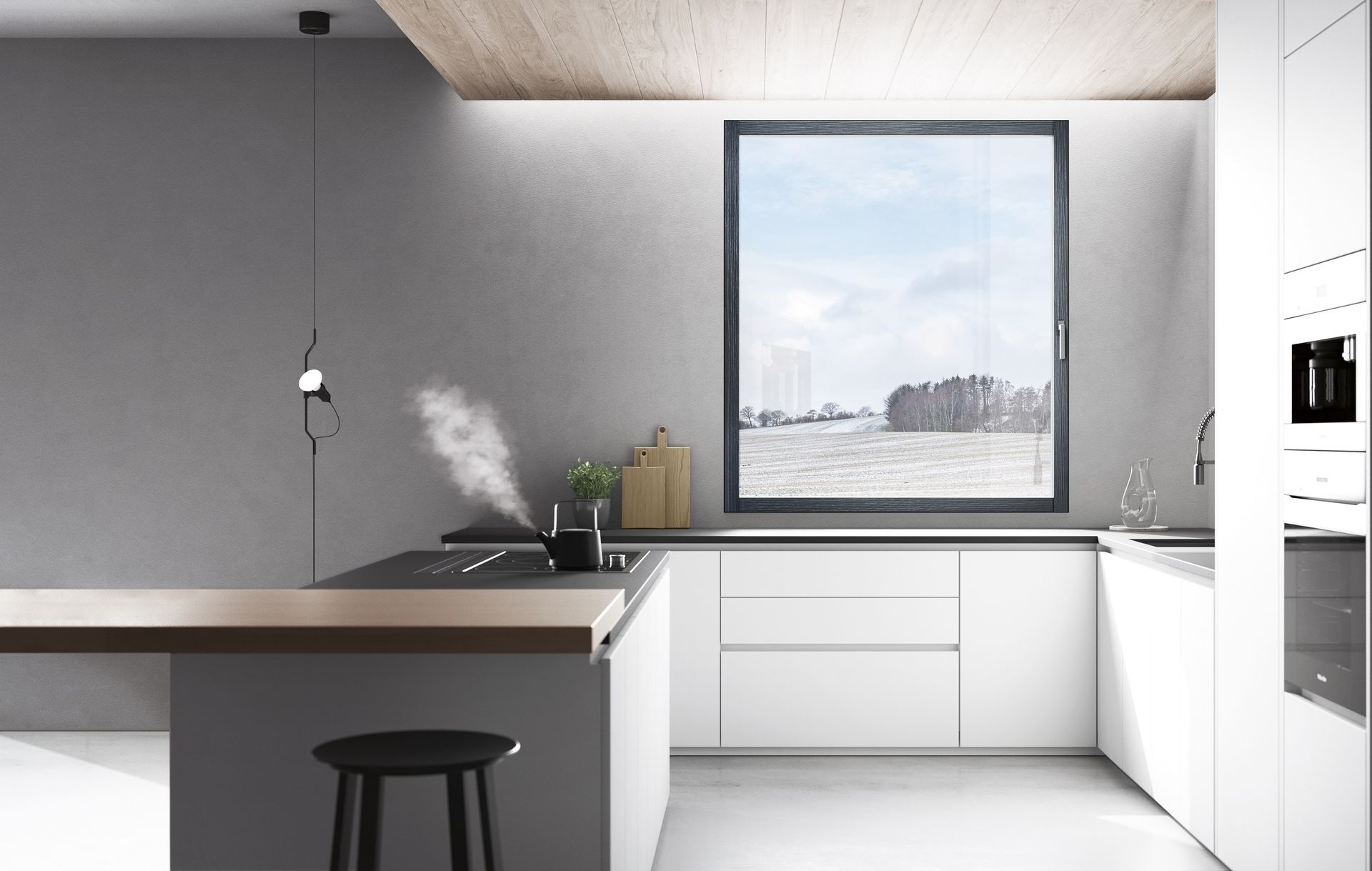 Serramenti in legno grigio scuro in una cucina