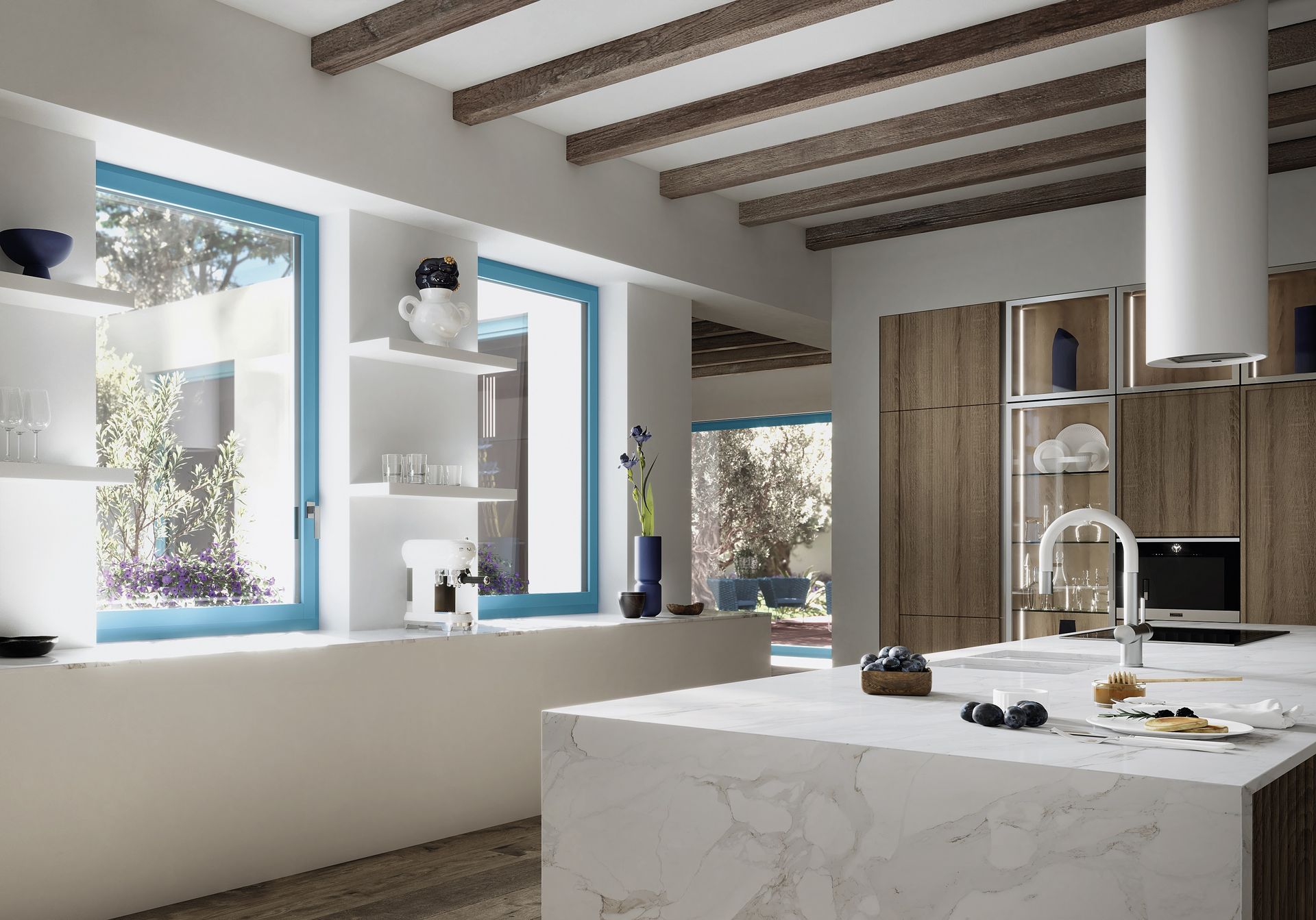 Finestre in legno azzurre in una cucina moderna