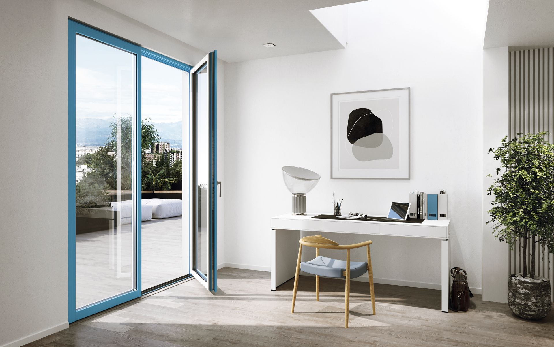 Portafinestra azzurra in legno per uno studio dallo stile moderno