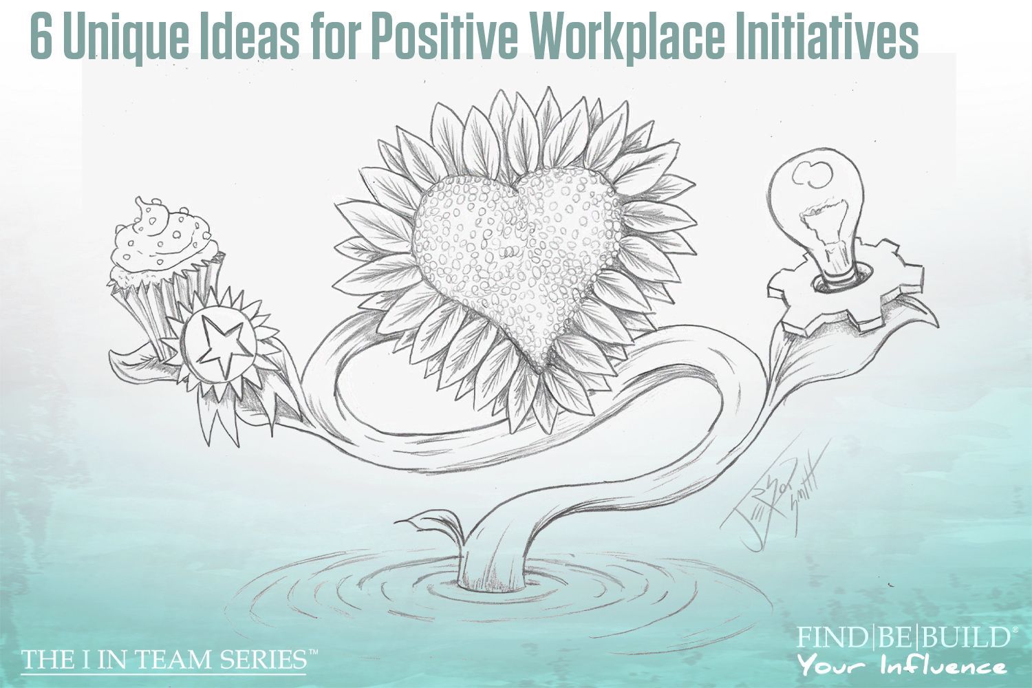 Drawing: sunflower heart with a cupcake, star, and lightbulb on branches. 