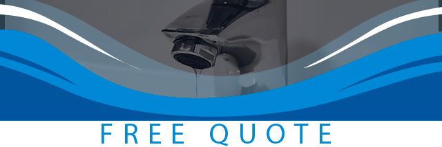 A blue banner with a sink in the background dripping water, with text