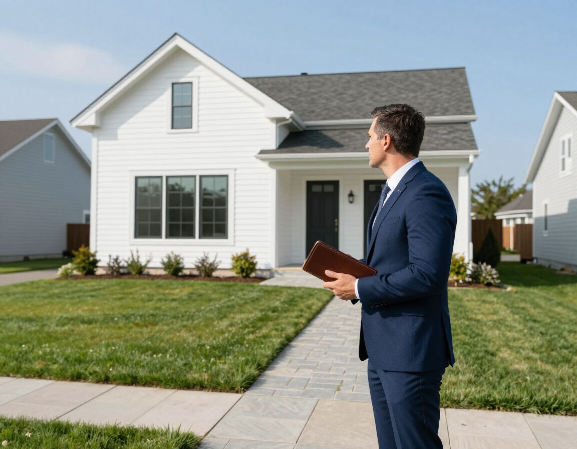 Real estate agent in navy suit stands outside a white suburban house with a clipboard