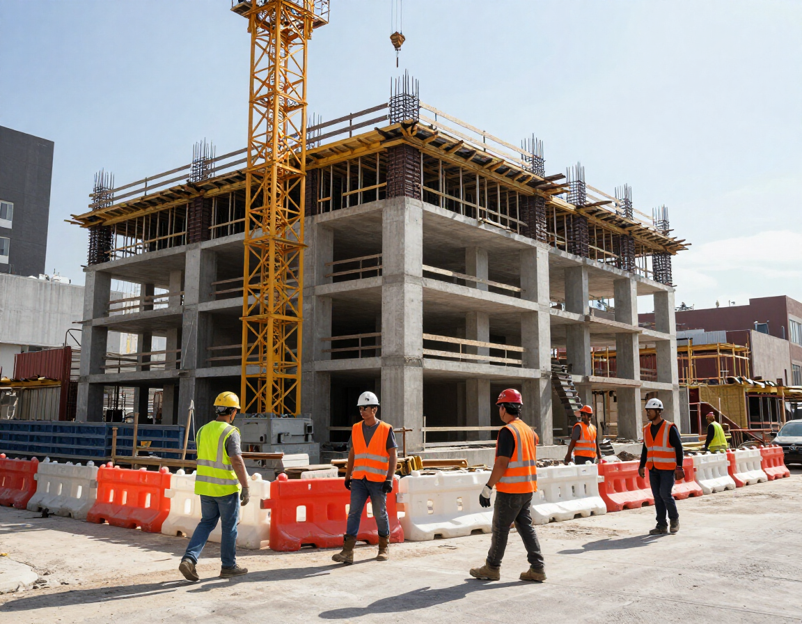 Construction site with workers in safety vests beside a concrete building frame and tower crane