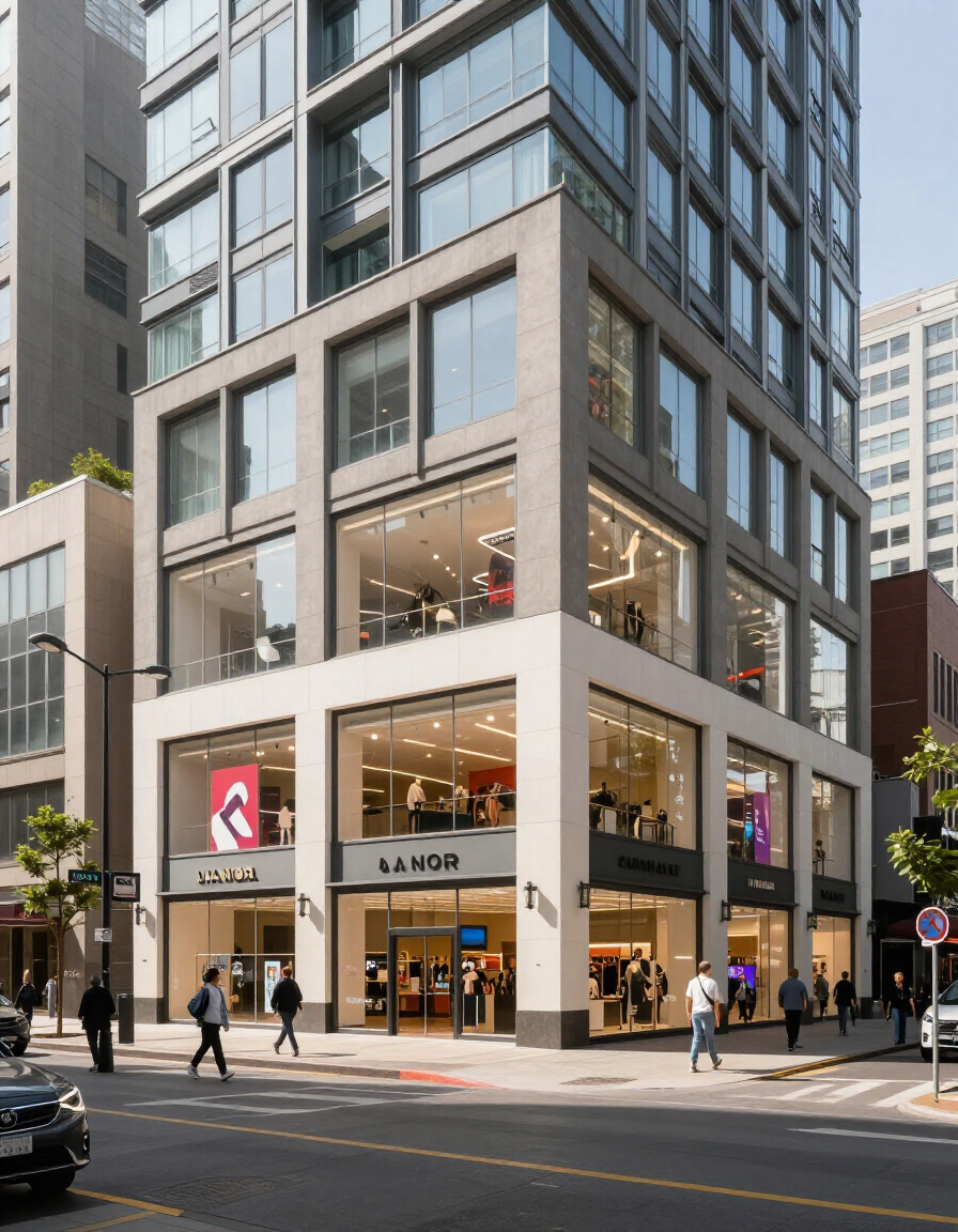 Modern corner retail building with glass storefronts and pedestrians on a city street
