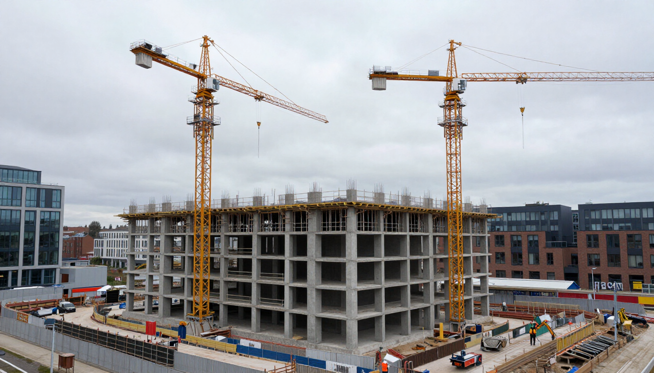 Construction site with a concrete building frame and two yellow tower cranes under a cloudy sky