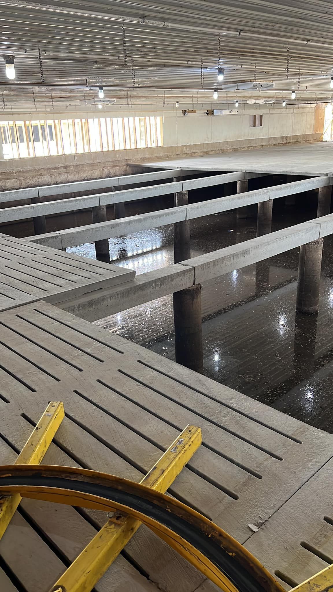 A bicycle wheel is sitting on a wooden deck in front of a large body of water.