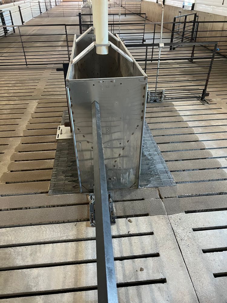 A stainless steel container is sitting on a wooden floor in a barn.