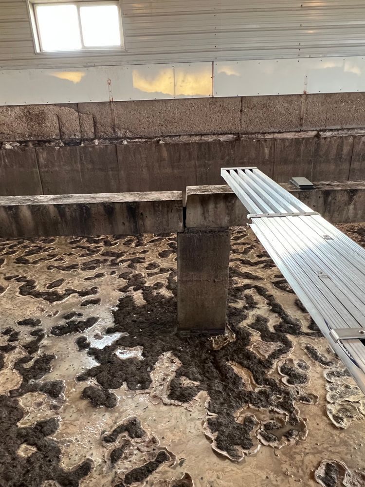 There is a bench in the middle of a muddy room.