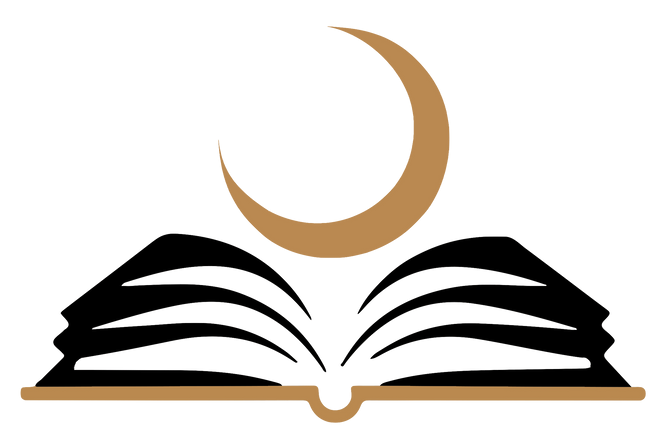 An open book with a crescent moon on top of it.