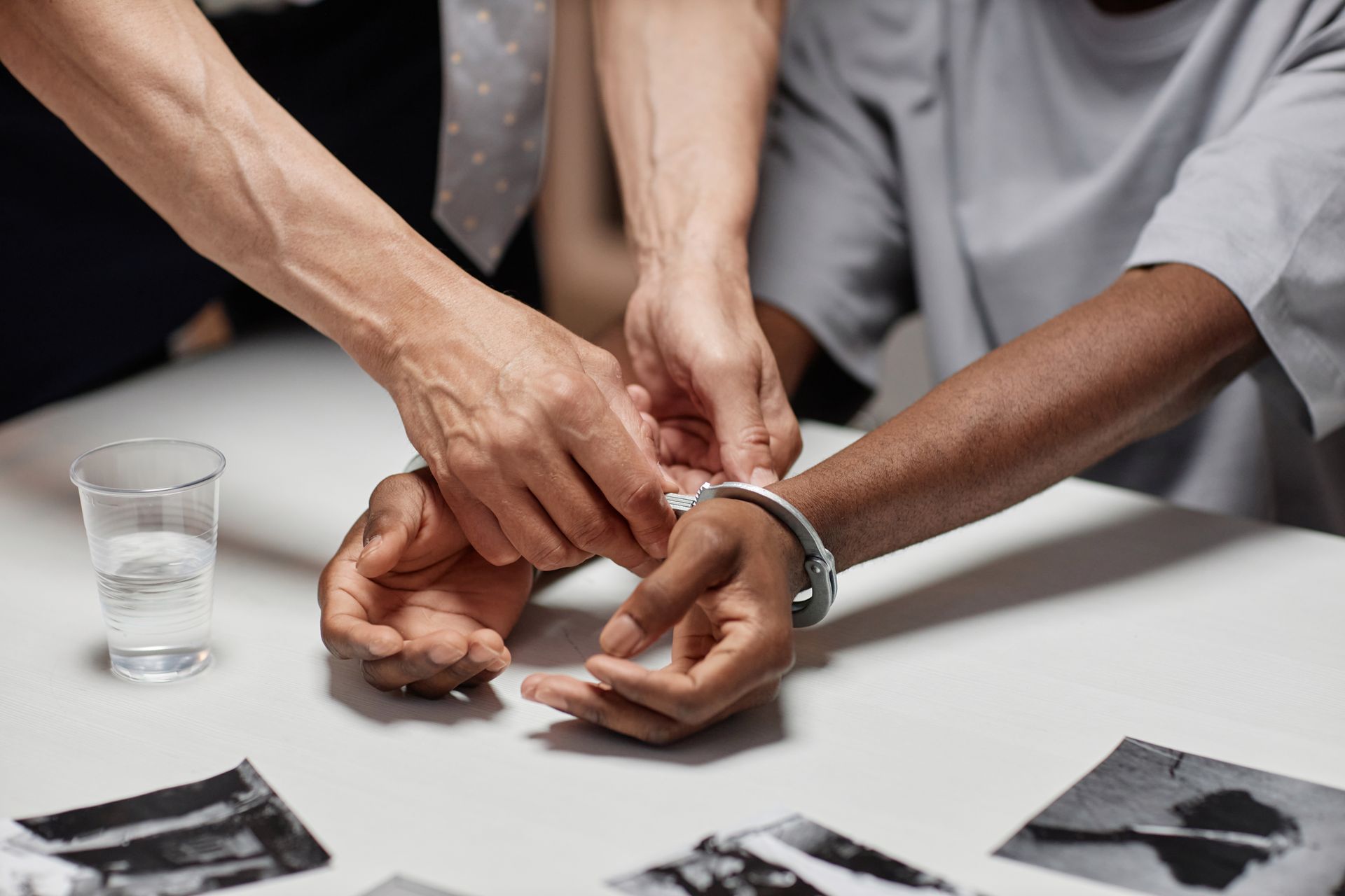 A man in handcuffs is sitting at a table with a glass of water.