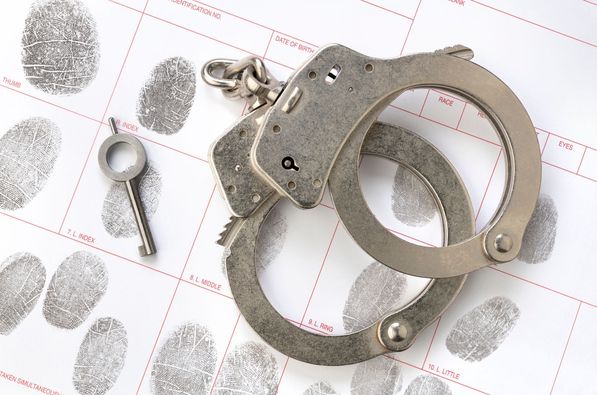 A pair of handcuffs and a key on top of a sheet of fingerprints
