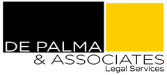 A black and yellow logo for de palma & associates legal services
