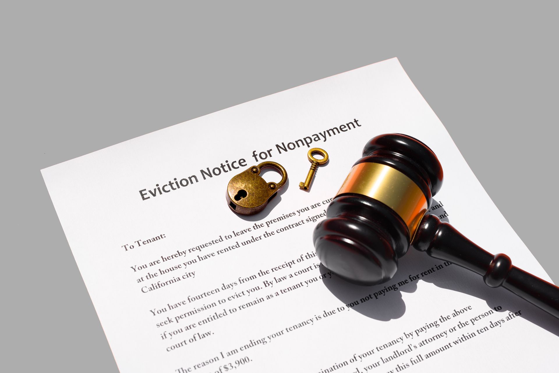 A judge 's gavel is sitting on top of an eviction notice for nonpayment.