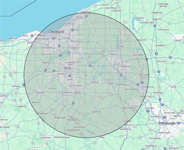 A map of the state of pennsylvania with a circle around it