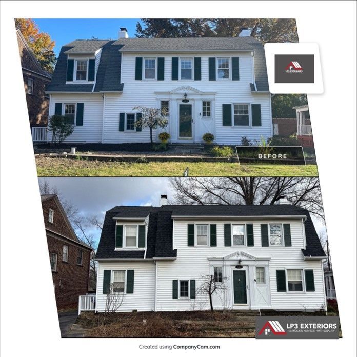 A before and after photo of a white house with black shutters.