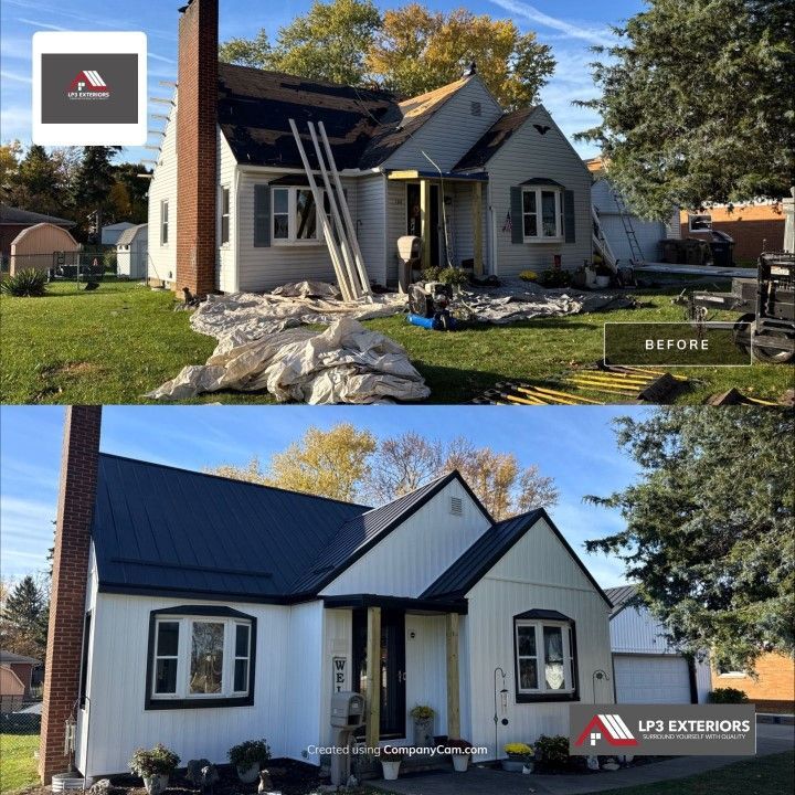 A before and after photo of a house with a black roof