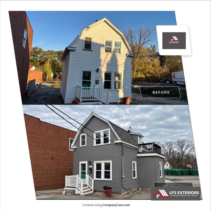 A before and after photo of a house with siding installed.