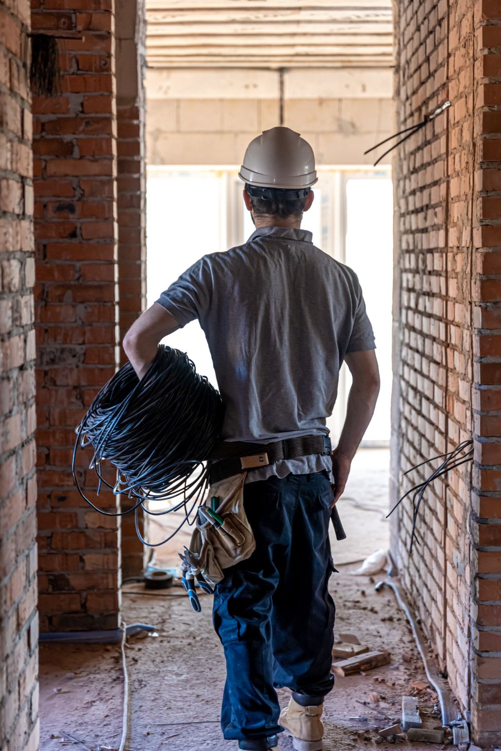 Construction worker in hard hat carrying coiled cable down a brick-walled hallway