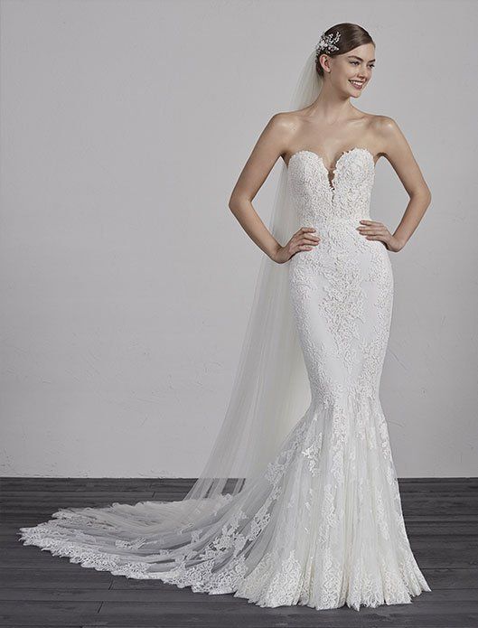 Bride in a strapless white lace wedding gown with a long train and veil, posing against a gray backdrop