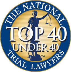Logo: "The National Trial Lawyers Top 40 Under 40". Lady Justice figure in center, blue and gold colors.