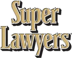 "Super Lawyers" logo in gold letters with black shadowing.