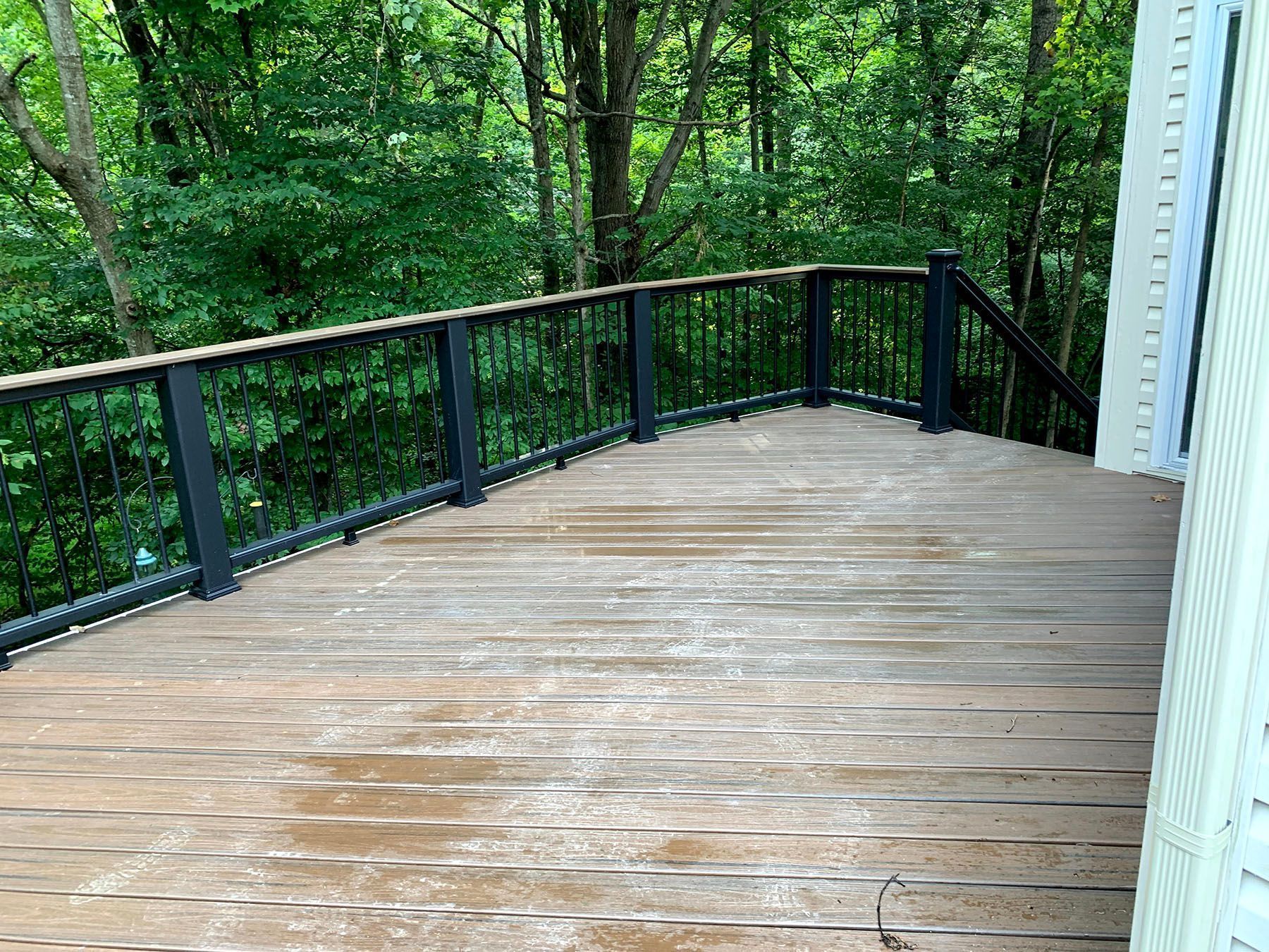 A wooden deck with a black railing and trees in the background.