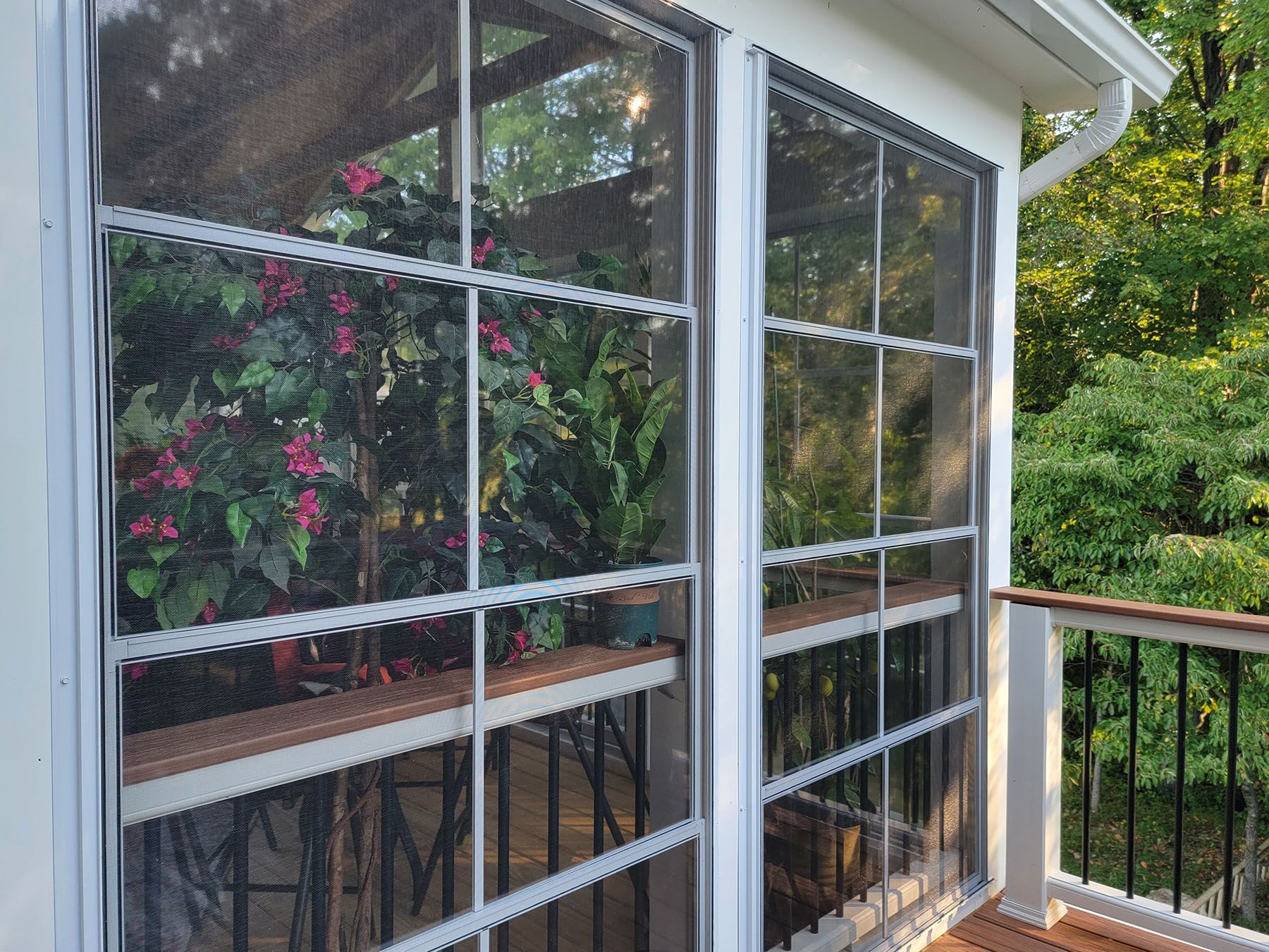 A screened in porch with a view of trees and flowers.