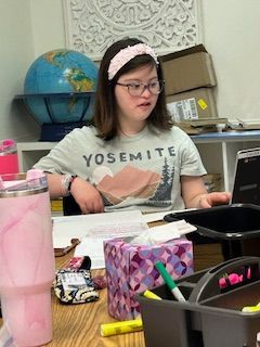 A young girl wearing a yosemite shirt is sitting at a desk.