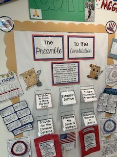 A bulletin board with a display on the preamble to the constitution.